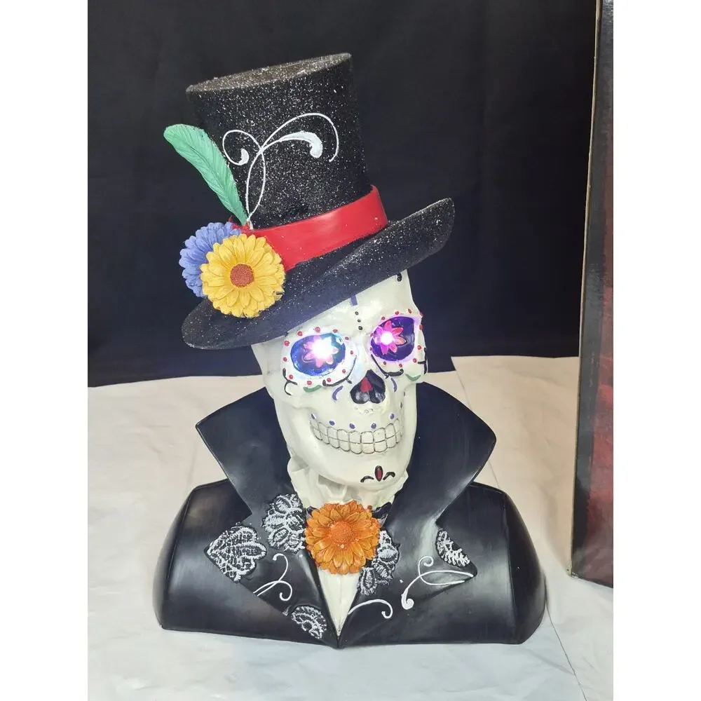 DAY OF THE DEAD SUGAR SKULL with Color Changing LED Light Eyes ~ Halloween Decor